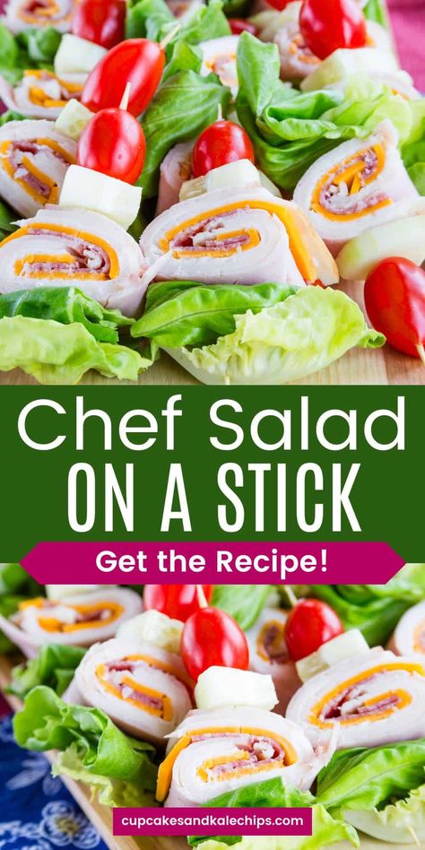 Take your snack game to the next level with these Chef Salad on a Stick skewers! Perfect for party appetizer or to pack in a lunchbox, they're loaded with deli meats, cheese, veggies, and bursting with flavor. Dunk them in your favorite dressing for an extra kick! Plus, they're gluten-free and low carb! Tournament Food, Maple Glazed Sweet Potatoes, Salad On A Stick, Salad Skewers, Gluten Free Recipes Appetizers, Chef Salad Recipes, Best Shrimp Recipes, Kale Chip Recipes, Picnic Snacks