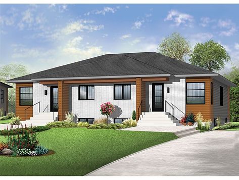 027M-0062: Modern One-Story Duplex House Plan Duplex Floor Plans, Drummond House Plans, Duplex Plans, Duplex Design, Duplex House Plans, Duplex House Design, Small House Design Plans, Base Model, Traditional Exterior