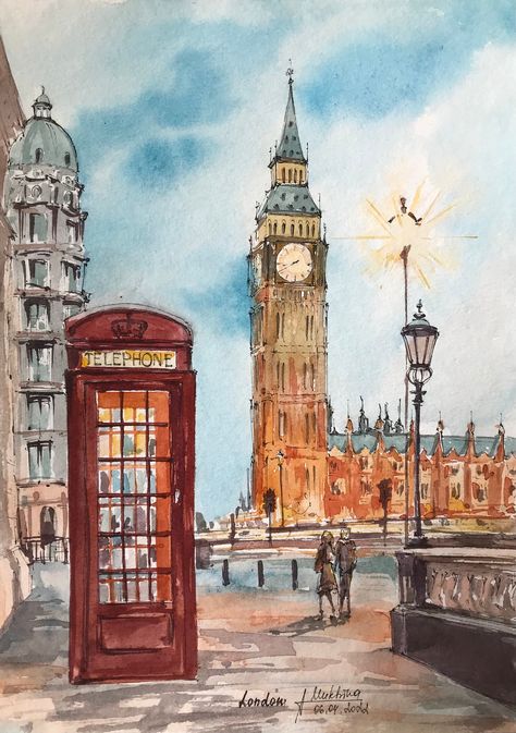 London Painting Original Watercolor Artwork England UK Big Ben - Etsy Cool Watercolour Painting, London Watercolour Painting, Big Poster Painting Ideas, Houses Watercolor Painting, London Urban Sketch, London Watercolor Paintings, Painting Ideas Buildings, European Architecture Drawing, Urban Painting Watercolor