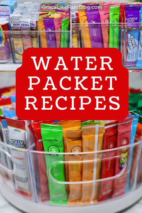 Organizing Water Flavor Packets, Sonic Ocean Water Packet, Tigers Blood Water Recipe, Flavored Water Packets Storage, Flavor Water Packets, Water Flavors Packets, Flavored Water Station, Water Flavor Packet Combinations, Water Packets Recipes