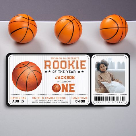 Rookie of the Year 1st Birthday Basketball Photo Invitation My Rookie Year First Birthday Basketball, Rookie Of The Year First Birthday Decor Basketball, Nike First Birthday Theme, 1st Birthday Boy Basketball Themes, Rookie Year First Birthday Basketball, 1st Birthday Basketball Theme, Basketball 1st Birthday Party, Rookie Year 1st Birthday, Basketball First Birthday Party