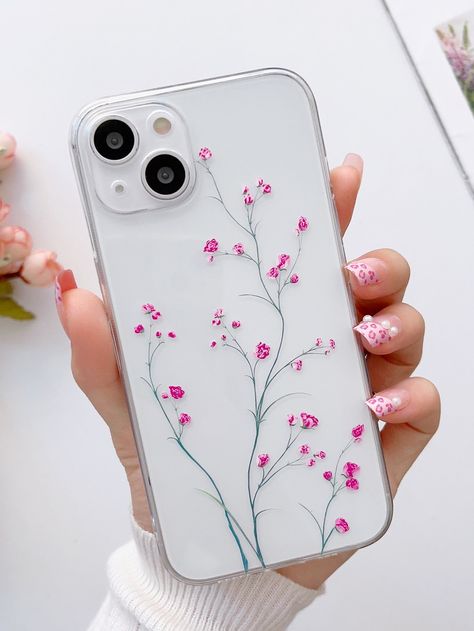 Clear  Collar  TPU Floral Phone Cases Embellished   Phone/Pad Accessories Phone Cases Flowers, Phone Back Cover Design, Phone Cover Art, Phone Cover Painting, Mobile Case Diy, Case Transparente, Homemade Phone Cases, Artsy Phone Cases, Preppy Phone Case