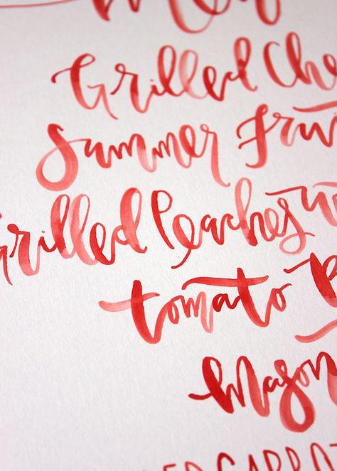 fiesta red wedding inspiration - calligraphy Water Colour Lettering, Watercolor Writing, Watercolor Font, Watercolor Menu, Calligraphy Types, Typography Hand Lettering, Calligraphy Inspiration, Hand Drawn Type, Calligraphy Brush