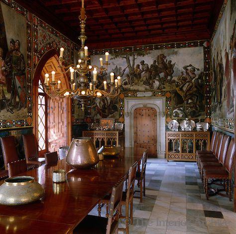 The walls of this baronial dining hall are painted with neo-gothic battle scenes Gothic Revival Interior, Medieval Revival, Chateaux Interiors, Gothic Castle, Medieval Gothic, Opulent Interiors, Castles Interior, Gothic Revival, Medieval Style