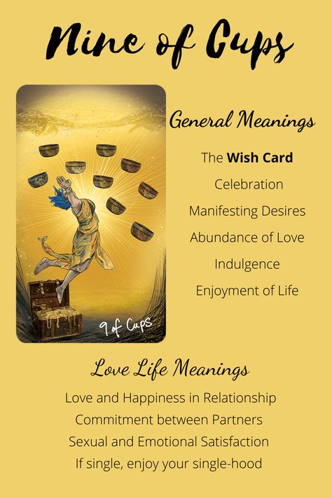 All about the nine of cups in tarot. Learn what this card means in general as well as in a love life reading. Light Seers Tarot Cards Meaning, 9 Of Cups Tarot Meaning, Nine Of Cups Tarot Meaning, Nine Of Cups Tarot, Cups In Tarot, Manifest A Boyfriend, 9 Of Cups, Cups Tarot Meaning, Tarot 101