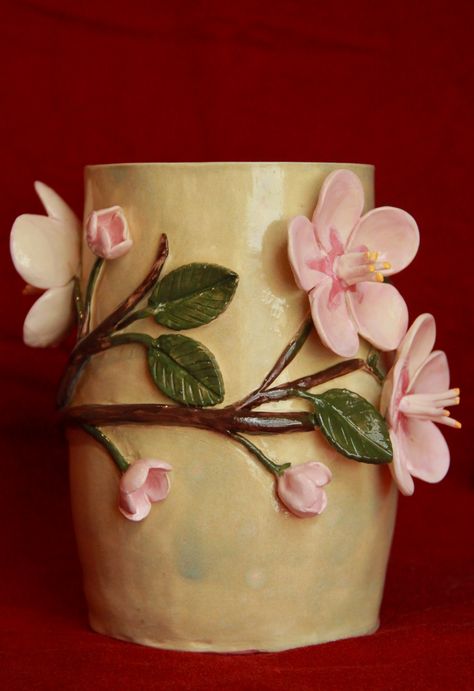 Ceramic Cherry blossom Flower vase Clay Vessels Aesthetic, Cherry Blossom Sculpture, Vase Air Dry Clay, Cherry Blossom Pottery, Clay Cherry Blossom, Pottery 101, Cherry Blossom Ceramic, Cherry Blossom Mug, Cherry Blossom Vase