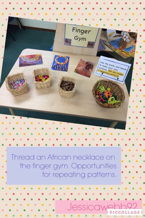 Threading African inspired necklaces on the finger gym. EYFS Eyfs Easter, Handas Surprise, Finger Gym, Funky Fingers, Continuous Provision, Eyfs Activities, Traditional Tales, Nursery Activities, Fine Motor Skills Activities