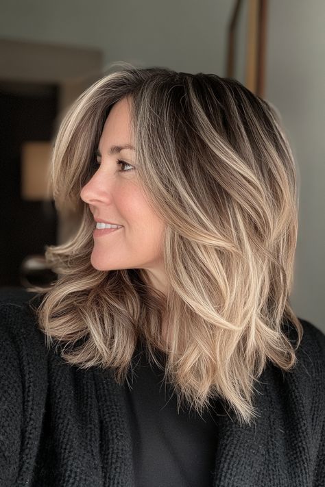 52 Must-See Medium-Length Hairstyles for Women Over 40 in 2024 – CreativeBooster Face Framing Layers Side Part, Medium Length Hair Women, Balayage Medium, Medium Length Hairstyle, Gold Balayage, Older Women's Hairstyles, Framing Layers, Layered Haircuts For Medium Hair, Wavy Lob