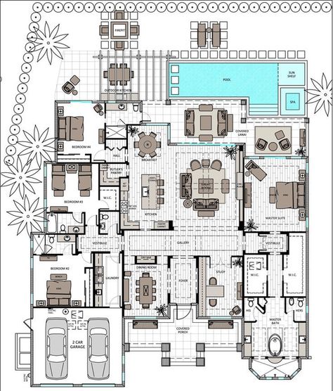 Bedroom Ensuite, Pool House Plans, Mansion Floor Plan, Floor Plan Layout, Mediterranean Homes, Building Plans, Sims House, Dream House Plans, House Flooring