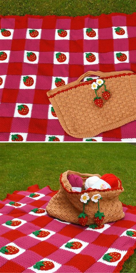 a crochet blanket with strawberry squares Crochet Strawberry Granny Square Pattern Free, Strawberry Crochet Granny Square, Crochet Strawberry Blanket, Strawberry Stitch Crochet Blanket, Strawberry Blanket Crochet, Strawberry Squares, Crochet Strawberry Afghan, Strawberry Blanket, Energizing Colors