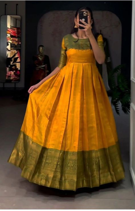 Latest Hand Designs For Long Frocks, Silk Saree To Dress Convert Ideas, Pattu Dresses Designs For Women, Saree To Dress Convert Ideas, Saree Dress Design Ideas, Kurtis Ideas, Frock Long, Frock Designs For Women, Lehenga Designs Latest