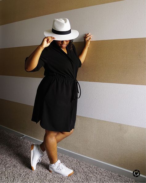 African American woman in Black Button Down Dress with White Reebok Sneakers Straw Hat And Dress Outfit, Hat And Dress Outfit, Reebok White Sneakers, Black Button Down Dress, Womens Beach Hat, Hat Fedora, White Reebok, Summer Fashions, Beach Hats