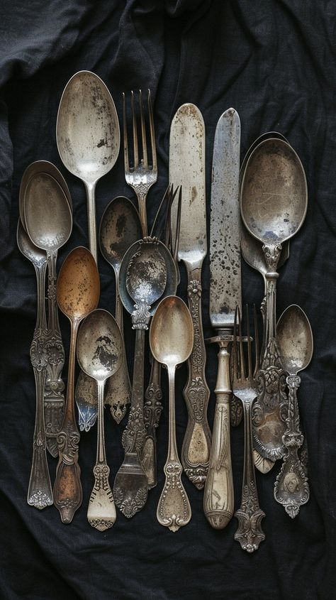 Antique Silverware Collection: A vintage assortment of tarnished silver spoons, forks, and knives displayed on a dark fabric. #antique #silverware #vintage #spoons #forks #knives #tarnished #collection #aiart #aiphoto #stockcake https://ayr.app/l/fLL2 Silverware Display, Spoon Display, Antique Cutlery, Forks And Knives, Silverware Drawer, Monochrome Color Palette, Antique Bar, Antique Silverware, Dark Fabric