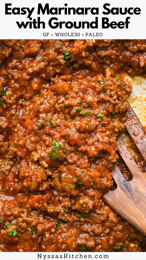 This easy marinara sauce with ground beef is a healthy, short cut version of a classic full flavored Italian meat sauce that is ready in 30 minutes flat! All the flavor with minimal effort for an easy protein rich addition to any meal. Makes enough sauce for approximately one pound of pasta. Gluten free, paleo, and whole30 compatible. Paleo Marinara Sauce, Ground Beef Meat Sauce Recipe, Meaty Marinara Pasta, Beef Red Sauce Pasta, Quick Meat Sauce, Quick Meat Sauce Ground Beef, Ground Meat Spaghetti Recipes, Simple Meat Sauce Ground Beef, Ground Beef Meat Sauce