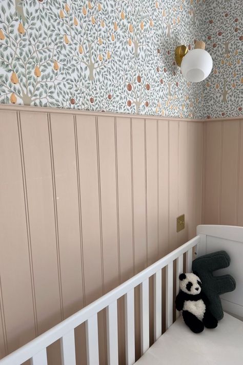 Diy Tongue And Groove, Diy Panelling, Wainscoting Nursery, Brown Furniture Bedroom, Tongue And Groove Walls, Nursery Diy, Girls Room Wallpaper, Tongue And Groove Panelling