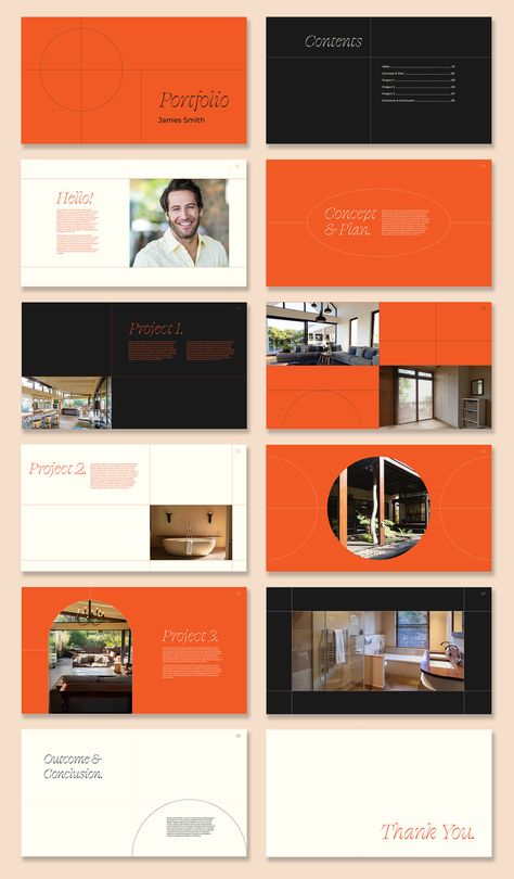 Minimalist orange portfolio with clean lines and modern typography. Perfect for creative agencies, startups, and small Modern Presentation, Presentation Design Template, Presentation Layout, Good Presentation, Business Templates, Modern Typography, Creative Agency, Business Template, Presentation Design