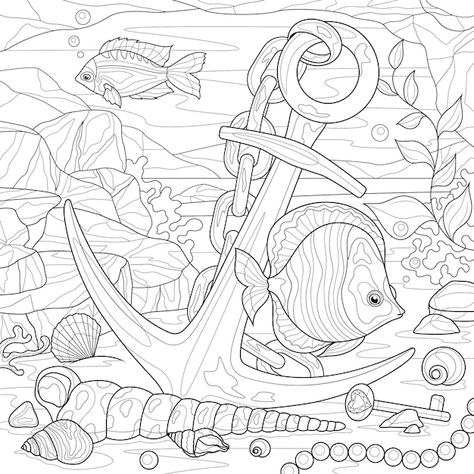 Seabed Drawing, Aquatic Drawings, Angel Fish Drawing, Anchor Illustration, Fish Sketch, Colouring Pictures, Background Drawing, Sea Theme, Angel Fish