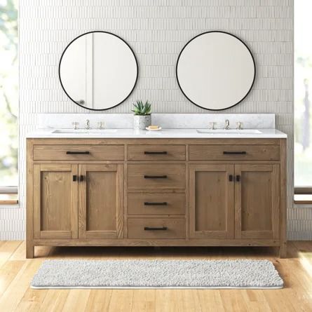 Wade Logan® Basima 72" Double Bathroom Vanity Set | Wayfair Natural Wood Vanity Bathroom, 72 Inch Bathroom Vanity Double Sinks, Double Vanity Bathroom Ideas, Traditional Bathroom Vanities, Wood Double Vanity, 72 Inch Bathroom Vanity, Natural Wood Bathroom Vanity, Bathroom Vanity Double Sink, 72 Vanity