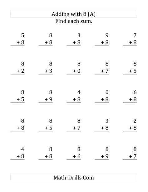 The 25 Adding Eights Questions (A) math worksheet from the Addition Worksheet page at Math-Drills.com. Subtraction Facts Worksheet, Math Subtraction Worksheets, Kindergarten Math Worksheets Addition, Fun Math Worksheets, Subtraction Kindergarten, Kindergarten Math Worksheets Free, Math Coloring Worksheets, Kindergarten Addition Worksheets, Math Addition Worksheets