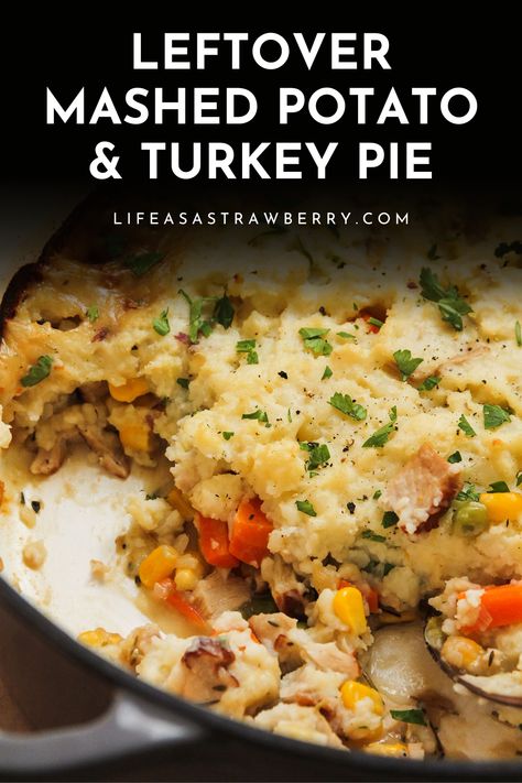 This leftover turkey & mashed potato pie is a cross between pot pie and shepherd's pie - the perfect way to use Thanksgiving leftovers! Start by building a creamy pie filling with leftover turkey, chicken stock or turkey stock, and a few handfuls of veggies (we used corn, peas, and carrots, but included a bunch of ideas to help you customize the filling!) Top it off with some leftover mashed potatoes, then bake until golden brown and enjoy. Includes step by step photos and substitution ideas Chicken Pot Pie With Mashed Potatoes On Top, Chicken Pot Pie With Mashed Potato Top, Turkey Over Mashed Potatoes, Leftover Turkey Shepherds Pie, Mashed Potato Pie, Turkey And Ham Pie, Turkey Pie, Creamy Pie, Leftover Potatoes