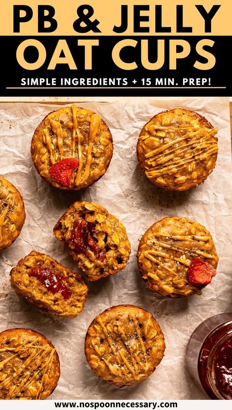 If you’re in the market for a chewy, sweet n’ salty, make-ahead breakfast, look no further than my PB&J Baked Oat Cups! These delicious jelly-stuffed oatmeal muffins are jam-packed with cinnamon-y, honey-sweetened, peanut butter goodness—and they take just 15 minutes of active prep time to make! Oatmeal Honey Muffins, Pb And J Muffins, Pb&j Muffins, Pbj Oat Bites, Pb And J Oat Bites, Toddler Oatmeal Muffins, Peanut Butter Jelly Muffins, Peanut Butter Oat Cups Recipe, Oat Peanut Butter Cups