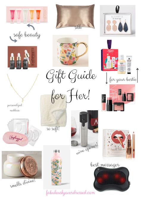 Gift Guide for Her! Capri Blue Candle, Charlotte Tilbury Pillow Talk, Facial Oils, Neck And Back Massager, Blue Candle, Beauty Gift Guide, Letter Mugs, Baublebar Earrings, Mini Facial