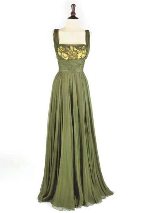 HELEN ROSE, A RARE GREEN SILK CHIFFON GOWN, 1950s  finely draped full length gown, with green and yellow embroidery to the bodice color photo print long dress designer Helen Rose, Rose A, Chiffon Gown, Green Silk, Social Media Management, Silk Chiffon, Web Interface, Green Dress, Chiffon