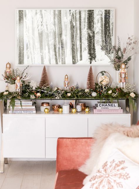 Tv Stand Christmas Decor, Glam Holiday Decor, Silver Christmas Decorations, Console Table Decorating, Simple Christmas Decor, Office Christmas Decorations, Christmas Greenery, Office Christmas, Christmas Decorations For The Home