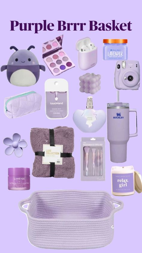 Purple Brrr Basket #brrrbasket #gift #giftguide #jinglebasket #purple #purpleaesthethic Boo Basket Ideas For Best Friend, Secret Pal Gifts, Teen Gift Guide, Goodie Basket, Girly Christmas Gifts, Cute Christmas Ideas, Best Gift Baskets, Birthday Basket, Cute Gifts For Friends