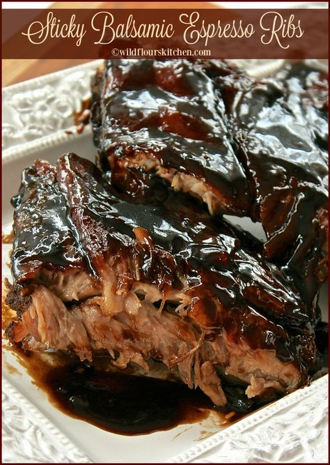 balsamic espresso ribs to pin Balsamic Vinegar Recipes, Boneless Pork Ribs, Pork Casserole, Baby Back Pork Ribs, Beef Ribs Recipe, Espresso Recipes, Balsamic Recipe, Gourmet Salt, July Recipes