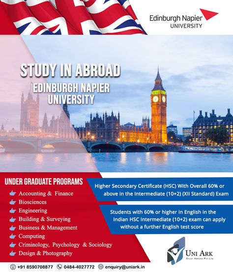 The Edinburgh Napier University is a public university located in Edinburgh, Scotland. Edinburgh Napier University offers many undergraduate courses and provides 95% Graduate Employability and Further study options. Apply now!!!  For enquiries visit : 🌐 www.uniark.in 📌 Ernakulam, Calicut ☎ 0484-4027772, +91 8590708877 #UniArk #Studyuk #StudyAbroad #StudyinUK Edinburgh Napier University, University Flyer, Study In Uk, Edinburgh University, Scotland Edinburgh, University Studying, Education Level, Engineering Student, Graduate Program