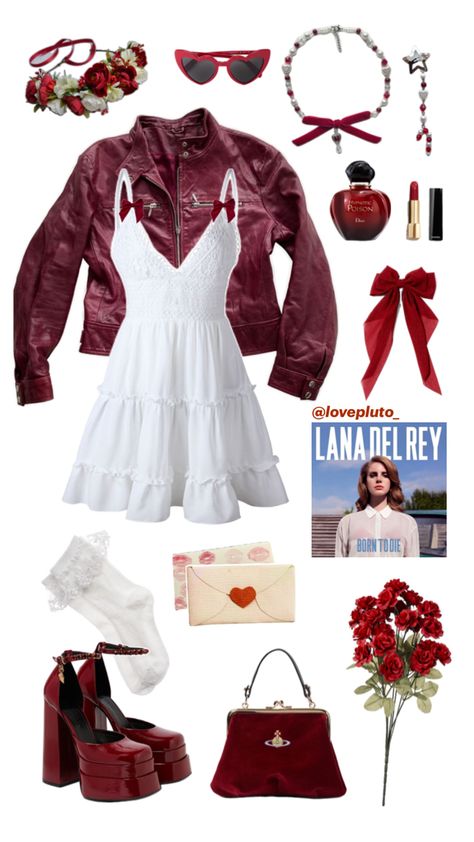 romantic dark feminine lana del rey inspired concert outfit Cherry Inspired Outfit, Lana Del Ray Style, Red Festival Outfit, Feminine Aesthetic Outfits, Lana Del Rey Outfits, Aesthetic Outfits Vintage, Dark Feminine, Fun In The Sun