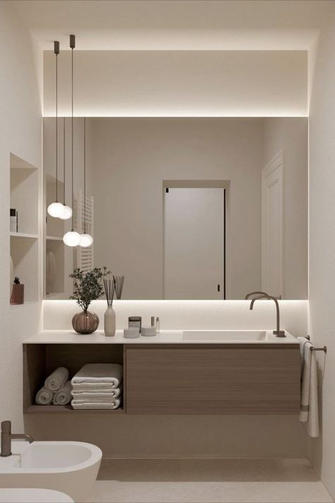 Bathroom Mirror Side Lights, Bathroom Lighting Beside Mirror, Led Backlit Mirror Bathroom, Backlit Vanity Mirror, Modern Bathroom Vanity Light, Ambient Lighting Bathroom, Wc Lighting, Bathroom Mirror And Lights, Modern Bathroom Mirror Ideas