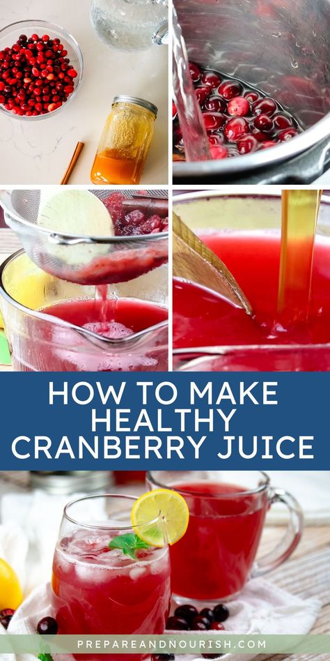 Learn how to make cranberry juice at home with just 2 ingredients! It's much easier than you think, and you only need a bag of fresh cranberries and your sweetener of choice (I prefer raw honey for its health benefits!) This homemade cranberry juice recipe can be done in the Instant Pot for a hands-off simple method or on the stovetop. Plus, it's great as a chilled beverage or hot as a cider during the holidays. Healthy Cranberry Juice Recipes, Can Cranberry Juice, Cranberry Juice Recipes Drinks, Diy Cranberry Juice, Cranberry Juice Recipes, Homemade Cranberry Juice, Homemade Tomato Juice, Cranberry Juice Benefits, Honey Lemonade