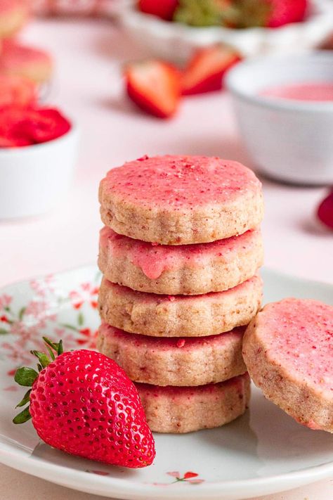 Strawberry Shortbread Cookies - Bakes by Brown Sugar Pink Party Food Ideas, Pink Party Food, Strawberry Shortbread Cookies, Pink Party Foods, Strawberry Shortbread, Lemon Shortbread, Lemon Shortbread Cookies, Strawberry Glaze, Buttery Shortbread Cookies