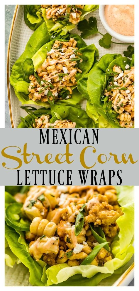 A delicious mix of smoky, sweet and spicy, these quick and easy Mexican Street Corn Lettuce Wraps are deliciously healthy and packed with flavor!  Loaded with tender chicken, charred corn, crumbled cheese and finished with a creamy chili spiked sauce, this fun twist on elote is perfect as an appetizer, lunch, or light weeknight dinner! #quick #easy #healthy #Mexican #street #corn #elote #salad #chicken #lettuce #wraps #recipe via @nospoonn Mexican Lettuce Wraps, Easy Mexican Street Corn, Creamy Chili, Salat Wraps, Easy Lettuce Wraps, Healthy Recipes Easy, Charred Corn, Mexican Appetizers, Chicken Corn