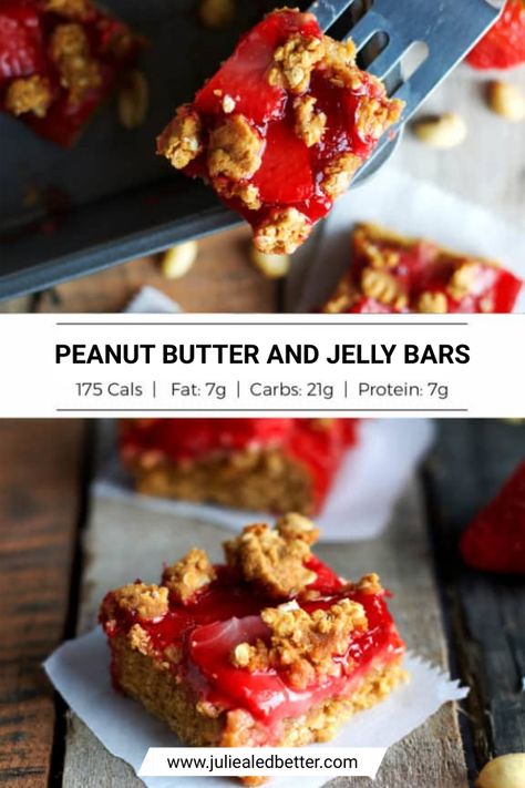 There's no question that peanut butter is a favorite fat source of many flexible dieters and macro counters. The best way to eat it is with jelly between two slices of bread. However, peanut butter and jelly are not the most macro-friendly. Luckily, you can have all the flavor and texture of traditional peanut butter and jelly for far fewer macros! #macrofriendly #dinner #healthydessert #dessertrecipe #easycooking #macrocounting #flexibledieting #lowcaloriedessert Macro Friendly Treats, Homemade Go Macro Bars, Pbj Bars, Macro Treats, Peanut Butter And Jelly Protein Bar, Elyse Macro Friendly Food, Julie Ledbetter, Peanut Butter And Jelly Bars, Jelly Bars