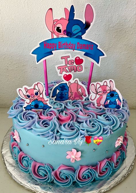 Stitch Y Angel, Lilo And Stitch Cake, Stitch Cake, Candy Birthday Cakes, Disney Birthday Cakes, Happy Birthday Cake Images, 9th Birthday Parties, Angel Cake, Beautiful Birthday Cakes