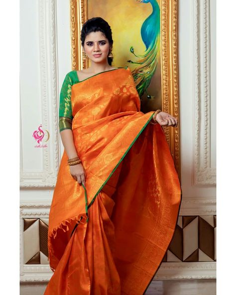 Orange Silk Saree Contrast Blouse, Orange Saree Contrast Blouse, Saree Contrast Blouse, Kerala Saree Blouse, Kerala Saree Blouse Designs, Engagement Saree, Fashionable Saree, Elegant Wear, Saree Wearing Styles