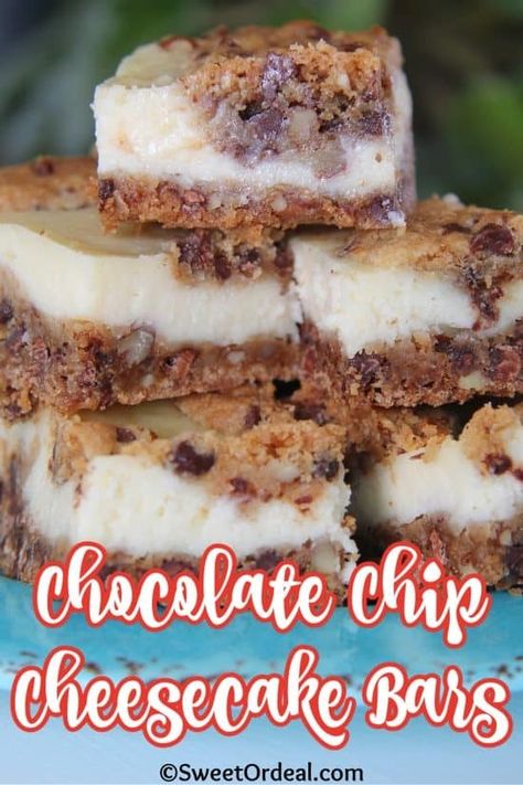 Chocolate Chip Cheesecake Bars | Sweet Ordeal | Dessert Chocolate Cheesecake Bars, Chocolate Chip Cheesecake Bars, Rich Cheesecake, Chocolate Chip Cheesecake, Cheesecake Filling, Cookie Bar, Cookie Bar Recipes, Bar Recipes, Creamy Cheesecake