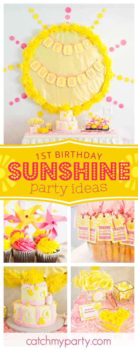 Hello Sunshine!!! Summer's here and what a better way to celebrate a 1st birthday!! Love the cake!! See more party ideas and share yours at CatchMyParty.com Sunshine Party Ideas, Sunshine Birthday Party Ideas, First Birthday Brunch, Sunshine Birthday Theme, Sunshine Birthday Party, Sunshine First Birthday, Sunshine Birthday Parties, Sunshine Party, 1st Birthday Party For Girls