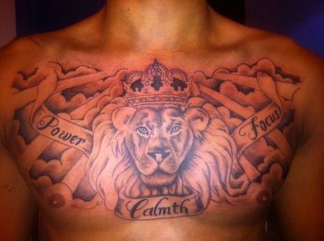 Tattoo Of Lion, Chest Tattoo Clouds, Lion With A Crown, Chest Tattoo Quotes, Ink Aesthetic, Lion Chest Tattoo, Lion Tattoo Ideas, Lion Shoulder Tattoo, Lion Hand Tattoo