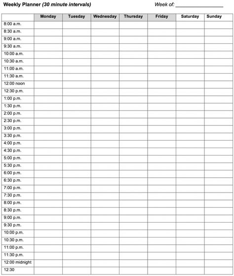 Weekly Planner: 30 minute intervals - Learning Center Weekly Revision Timetable, Revision Timetable Template Printable, Weekly Planner Timetable, Weekly Timetable Template, Revision Timetable Template, Free Weekly Calendar, Free Printable Weekly Calendar, Revision Timetable, Weekly Timetable