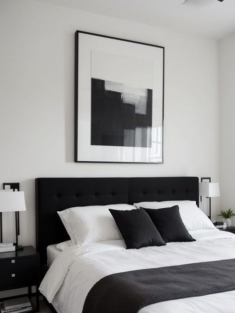 Create a sleek and modern look in your bedroom with black and white wall art. Add a statement piece above the bed, such as a large abstract painting or a gallery wall of black and white photographs, to bring visual interest to the space. Pair it with minimalist furniture and accents for a stylish and sophisticated vibe. White And Grey Bed, Grey Bed Decor, Art Above Bed Ideas, Black Luxury House, Grey And White Bedroom, Bedroom Wall Art Above Bed, Above Bed Ideas, Black And White Bedroom, Black White Bedrooms