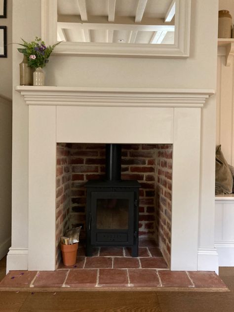 Log Burner Aesthetic, Log Burner Brick Fireplace, Blocked Fireplace Ideas, Fireplace With Log Burner, Mantelpiece Ideas, Fireplace Log Burner, Brick Fireplace Log Burner, Raised Fireplace, Log Burner Living Room