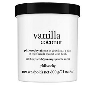 philosophy's sea salt body scrub is the perfect way to polish skin, leaving you super-soft and smooth! The special formula blend of sea salt in a glycerin base provides polishing action and simultaneously delivers a wash of hydration to help exfoliate away the dry skin, leaving you touchably soft and smooth.  vanilla coconut: a blend of coconut milk, shredded coconut, and whipped vanilla cream  How do I use it: Mix well before each use. Apply to wet skin in the shower or bath and massage onto sk Philosophy Body Wash Coconut, Philosophy Vanilla Coconut, Coconut And Vanilla Body Wash, Philosophy Body Scrub, Vanilla Philosophy, Coconut Hygiene, Philosophy Soap, Philosophy Vanilla, Vanilla Body Scrub