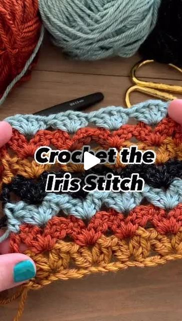 Lion Brand on Instagram: "Let's learn the Iris Stitch! 🎥 @meghanmakesdo   Start by chaining a multiple of 4, then add 3 chs for turning.   Row 1: [2dc, ch 1, 2dc] into 5th ch from hook, *sk 3, [2dc, ch 1, 2dc] in next ch, repeat from * across until 2 sts remain, dc in last ch, turn.    Row 2: ch 3 (counts as first st), [2dc, ch 1, 2dc] into each ch-1 sp across, dc into top of ch 3, turn.   Repeat Row 2.   This is a great stitch for Spring and Summer. Plus it looks great in a solid color or striped.    We are loving this retro color combo of Heartland yarn.   Let us know if you give it a try!  #stitchtutorial #crochetstitches #irisstitch #heartlandyarn #retrostripes #crochet #crochetersofinstagram #crochetlove #crochetallday #fortheloveofcolor #livecolorfully #colorfulcrochet #crocheting # Iris Stitch Crochet, Crazy Crochet, Crochet Fun, Retro Stripes, Live Colorfully, Lion Brand, Retro Color, Color Combo, Crochet Stitches