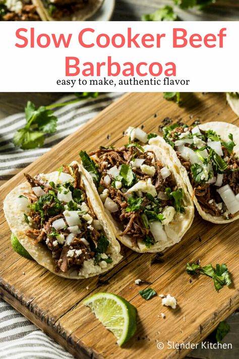 This easy shredded beef barbacoa made in the slow cooker is made with a spicy and smoky chipotle pepper sauce with onions and garlic. Authentic and delicious. This healthy recipe from Slender Kitchen is MyWW SmartPoints compliant and gluten free, low carb, paleo and Whole30. #dinner #freezerfriendly #makeahead Beef Barbacoa Slow Cooker, Tacos Mexicanos, Bbq Jackfruit, Slender Kitchen, Barbacoa Beef, Beef Cheeks, Diner Recept, Homemade Beef, Taco Recipes