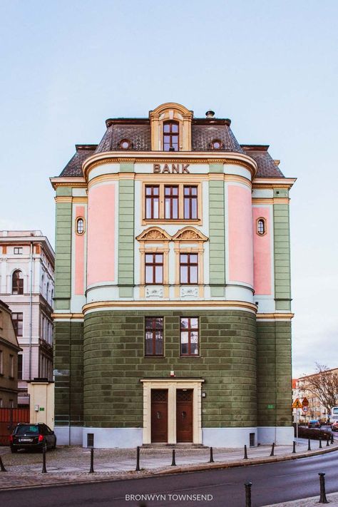 green and pink bank building wroclaw poland Europe Building Architecture, Poland Buildings, Poland House, Old Bank Building, Polish Aesthetic, Poland Architecture, Poland Wroclaw, Europe Train Travel, Store Architecture