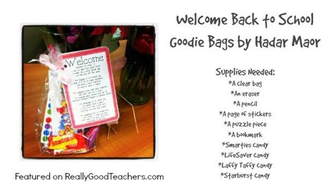 Welcome Back to School Goodie Bags by Hadar Maor as Featured on ReallyGoodTeachers.com Goodie Bags For Students, Back To School Goodie Bags, School Goodie Bags, Bags For Students, Welcome To Kindergarten, Classroom Welcome, All About Me Preschool, Welcome To School, Welcome Students